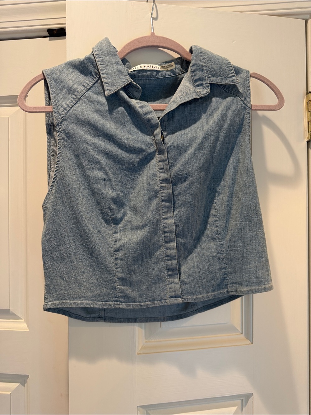 Alice + Olivia Light Blue Denim Sleeveless Collared Top